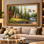 Rustic Lakeside Cabin Wall Art 67x47cm – Forest Wildlife & Flying Eagles Landscape with Ornate Gold Frame