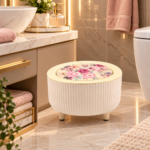 Mini Rubbish Bin with Lid - White Floral Makeup Waste Bin with Push-Open Lid, Ribbed Design & Short Legs for Dressing Table, Bedroom & Bathroom - Image 8