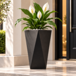 Large Black Plant Pot 50cm - Tall Geometric Square Planter with 3D Triangle Design for Indoor & Outdoor Plants