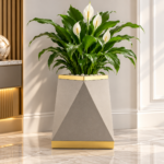 Grey & Gold Geometric Plant Pot 50cm - Luxury Tall Indoor Planter with Textured Granite Effect & Triangular Design