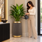 Tall Grey & Gold Plant Pot 60cm - Large Round Ribbed Planter with Textured Stone Effect for Indoor & Outdoor Plants - Image 2