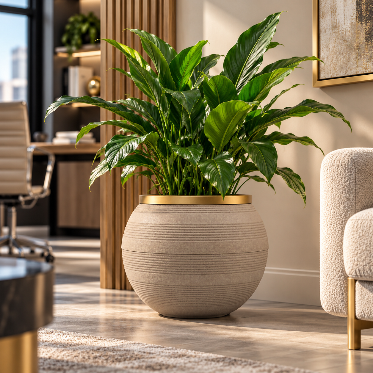 Round Plant Pot 26.5cm - Light Grey & Gold Ribbed Planter