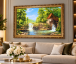 Rustic Watermill Cottage Wall Art 67x47cm – Framed Waterfall & Countryside Landscape with Ornate Gold Frame