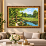 Lakeside Woodland Wall Art 67x47cm – Rustic Wooden Bridge & Forest Landscape with Ornate Gold Frame