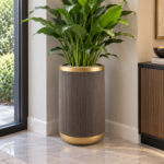 Tall Grey & Gold Plant Pot 60cm - Large Round Ribbed Planter with Textured Stone Effect for Indoor & Outdoor Plants