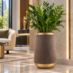 Tall Grey & Gold Plant Pot 60cm - Large Round Ribbed Planter with Textured Stone Effect for Indoor & Outdoor Plants - Image 3