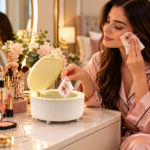 Mini Rubbish Bin with Lid - White Floral Makeup Waste Bin with Push-Open Lid, Ribbed Design & Short Legs for Dressing Table, Bedroom & Bathroom - Image 2