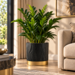 Large Plant Pot 33cm - Black & Gold Indoor Outdoor Planter with Textured Wave Design & Stone Effect