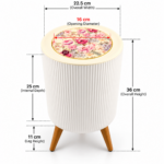2 Piece Floral Rubbish Bin Set - Large Floor Bin & Mini Makeup Bin with Push Lids, White - Image 5