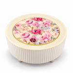 Mini Rubbish Bin with Lid - White Floral Makeup Waste Bin with Push-Open Lid, Ribbed Design & Short Legs for Dressing Table, Bedroom & Bathroom