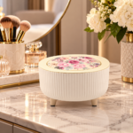 Mini Rubbish Bin with Lid - White Floral Makeup Waste Bin with Push-Open Lid, Ribbed Design & Short Legs for Dressing Table, Bedroom & Bathroom - Image 9