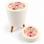 2 Piece Floral Rubbish Bin Set - Large Floor Bin & Mini Makeup Bin with Push Lids, White