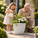 Large Plant Pot 37.5cm - Light Grey Stone Effect Round Planter with Embossed Leaf Pattern for Indoor & Outdoor Use - Image 2