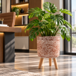 Self Watering Plant Pot with Wooden Legs 42.5cm - Red & White Stone Effect Planter with Water Level Indicator - Image 7