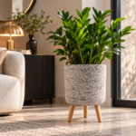 Self Watering Plant Pot with Wooden Legs 42.5cm - Grey & White Stone Effect Planter with Water Level Indicator - Image 2