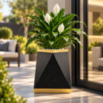 Black & Gold Geometric Plant Pot 50cm - Tall Indoor Outdoor Planter with Textured Granite Stone Effect & Modern Decorative Planter - Image 3
