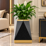 Black & Gold Geometric Plant Pot 50cm - Tall Indoor Outdoor Planter with Textured Granite Stone Effect & Modern Decorative Planter - Image 2