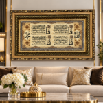 4 Qul Islamic Wall Art 100x60cm – Luxury Padded Woven Quranic Calligraphy with Ornate Black & Gold Frame