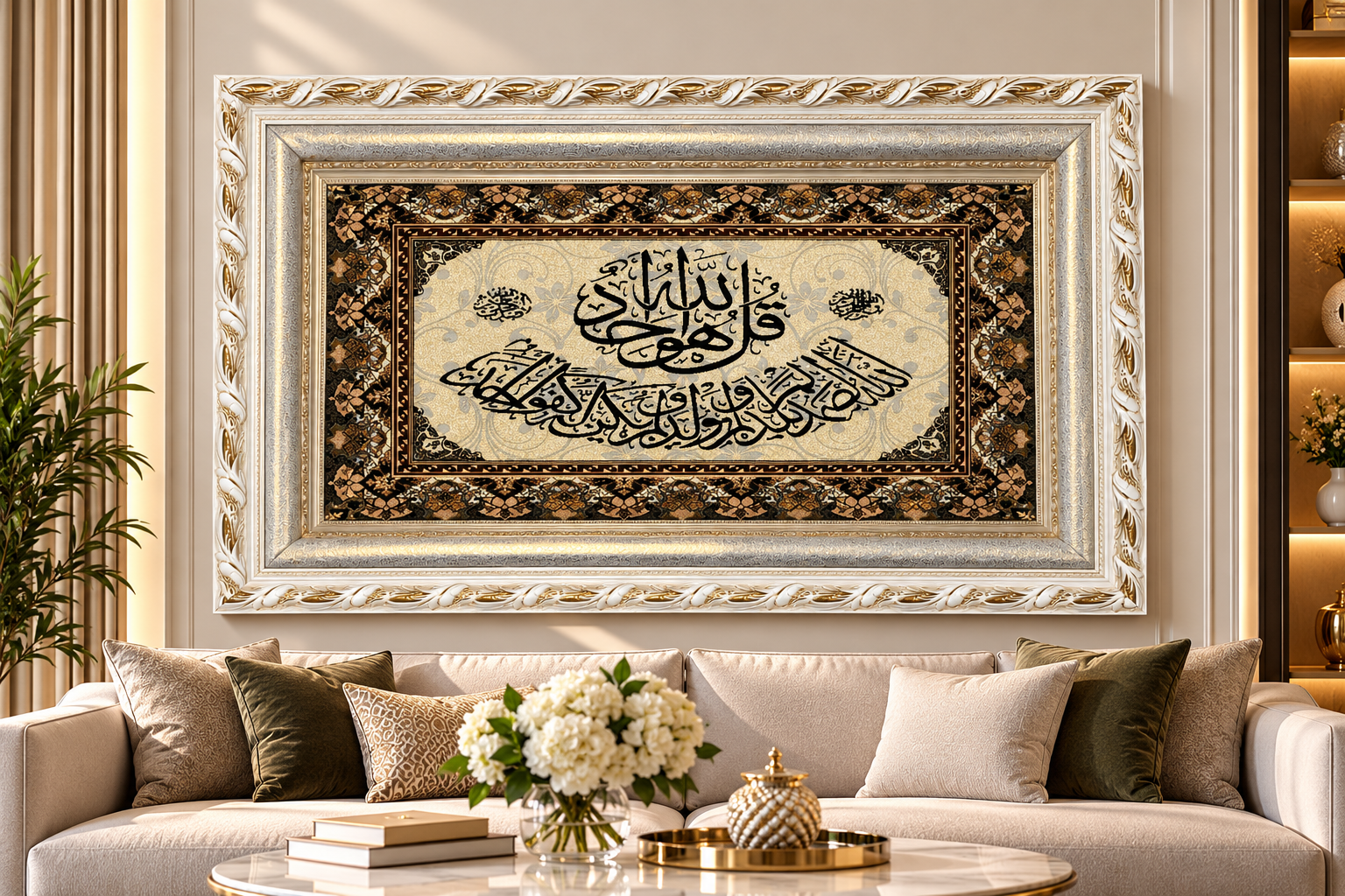 Islamic Calligraphy Wall Art 100x60cm – White Gold Frame
