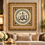 Allah Islamic Wall Art 57x57cm – Luxury Padded Woven Arabic Calligraphy with Ornate Gold Frame