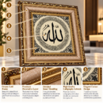 Allah Islamic Wall Art 57x57cm – Luxury Padded Woven Arabic Calligraphy with Ornate Gold Frame - Image 2
