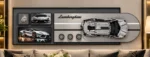 Luxury Lamborghini wall display with modern art and car model in a stylish living room setting.