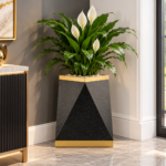 Black & Gold Geometric Plant Pot 50cm - Tall Indoor Outdoor Planter with Textured Granite Stone Effect & Modern Decorative Planter