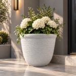 Large Plant Pot 37.5cm - Light Grey Stone Effect Round Planter with Embossed Leaf Pattern for Indoor & Outdoor Use