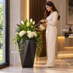 Large Black Plant Pot 50cm - Tall Geometric Square Planter with 3D Triangle Design for Indoor & Outdoor Plants - Image 2