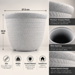 Large Plant Pot 37.5cm - Light Grey Stone Effect Round Planter with Embossed Leaf Pattern for Indoor & Outdoor Use - Image 4