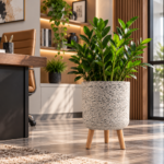 Self Watering Plant Pot with Wooden Legs 42.5cm - Grey & White Stone Effect Planter with Water Level Indicator - Image 3