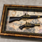 Vintage Replica Gun Wall Art 113x50cm – Luxury 3D Antique Rifle & Pistol Shadow Box with Vintage Map & Ornate Gold Polcore Frame - Image 3
