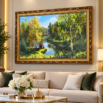 Forest Lake Landscape Wall Art 67x47cm – Luxury Framed Woodland Nature Scenery with Ornate Antique Gold Frame