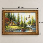 Rustic Lakeside Cabin Wall Art 67x47cm – Forest Wildlife & Flying Eagles Landscape with Ornate Gold Frame - Image 3