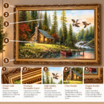 Rustic Lakeside Cabin Wall Art 67x47cm – Forest Wildlife & Flying Eagles Landscape with Ornate Gold Frame - Image 2