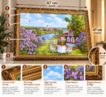 Lilac Garden Cottage Wall Art 67x47cm – Romantic Riverside Landscape with Purple Flowers & Ornate Gold Frame - Image 2