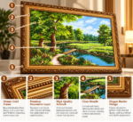 Lakeside Woodland Wall Art 67x47cm – Rustic Wooden Bridge & Forest Landscape with Ornate Gold Frame - Image 2