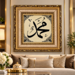 Muhammad Islamic Wall Art 57x57cm – Luxury Padded Woven Arabic Calligraphy with Ornate Gold Frame