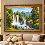 Double Waterfall Landscape Wall Art 67x47cm – Luxury Framed Mountain & Forest Scenery with Ornate Gold Frame