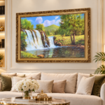 Waterfall Landscape Wall Art 67x47cm – Luxury Framed Nature Scenery with Ornate Antique Gold Frame