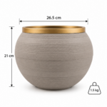 Round Plant Pot 26.5cm - Light Grey & Gold Decorative Planter with Textured Ribbed Design for Indoor & Outdoor Use - Image 4