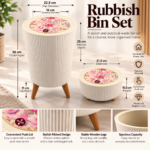2 Piece Floral Rubbish Bin Set - Large Floor Bin & Mini Makeup Bin with Push Lids, White - Image 2