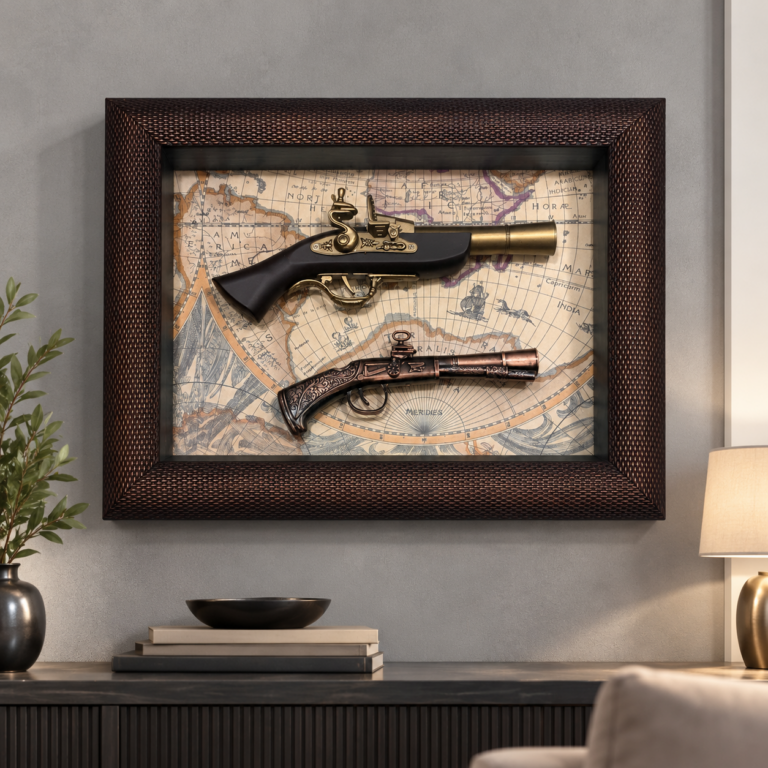 Vintage Replica Pistol Wall Art 50x40cm – Luxury 3D Antique Gun Shadow Box with Vintage Map & Ornate Bronze Polcore Frame