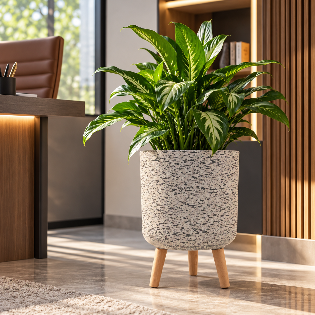 Plant Pot with Wooden Legs 42.5cm - Light Grey Stone Effect Planter