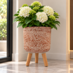 Self Watering Plant Pot with Wooden Legs 42.5cm - Red & White Stone Effect Planter with Water Level Indicator