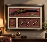 Vintage Replica Gun Wall Art 80x58cm – Luxury 3D Antique Pistol Shadow Box with Four Decorative Guns, Bullets & Gold Polcore Frame