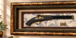 Framed antique flintlock pistol with map background, luxury wall decor.