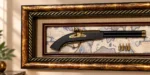 Framed antique flintlock pistol with map background, luxury wall decor.