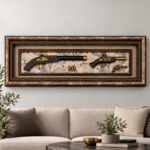 Elegant framed display of antique pistols and map, enhancing modern luxury home decor.