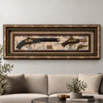 Elegant framed display of antique pistols and map, enhancing modern luxury home decor.